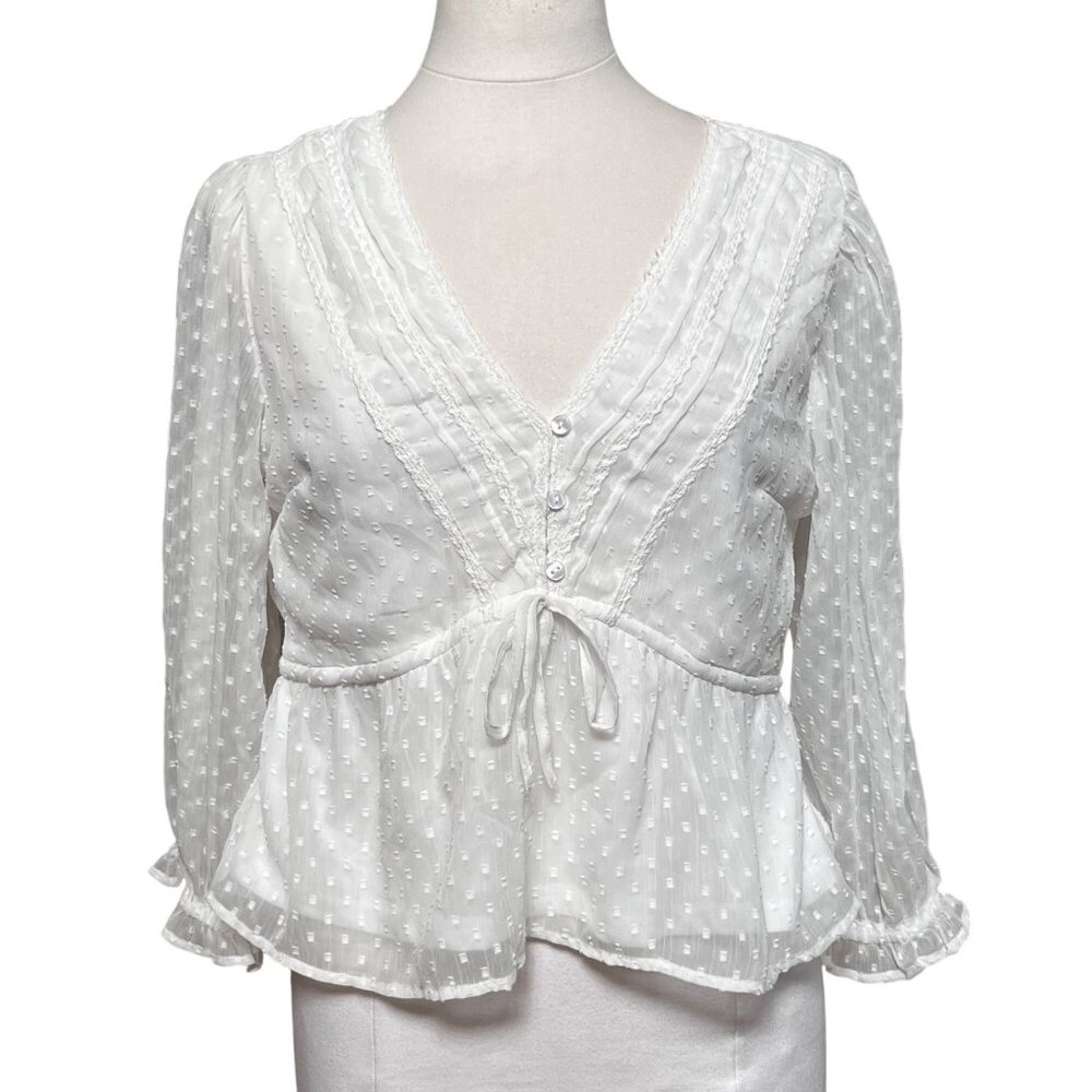 Japna White Sheer Swiss Dot Babydoll Regency Blouse Empire Tie Ruffle Boho Large